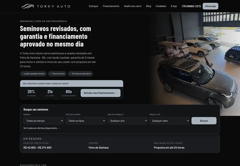 Página inicial do site Torky Auto