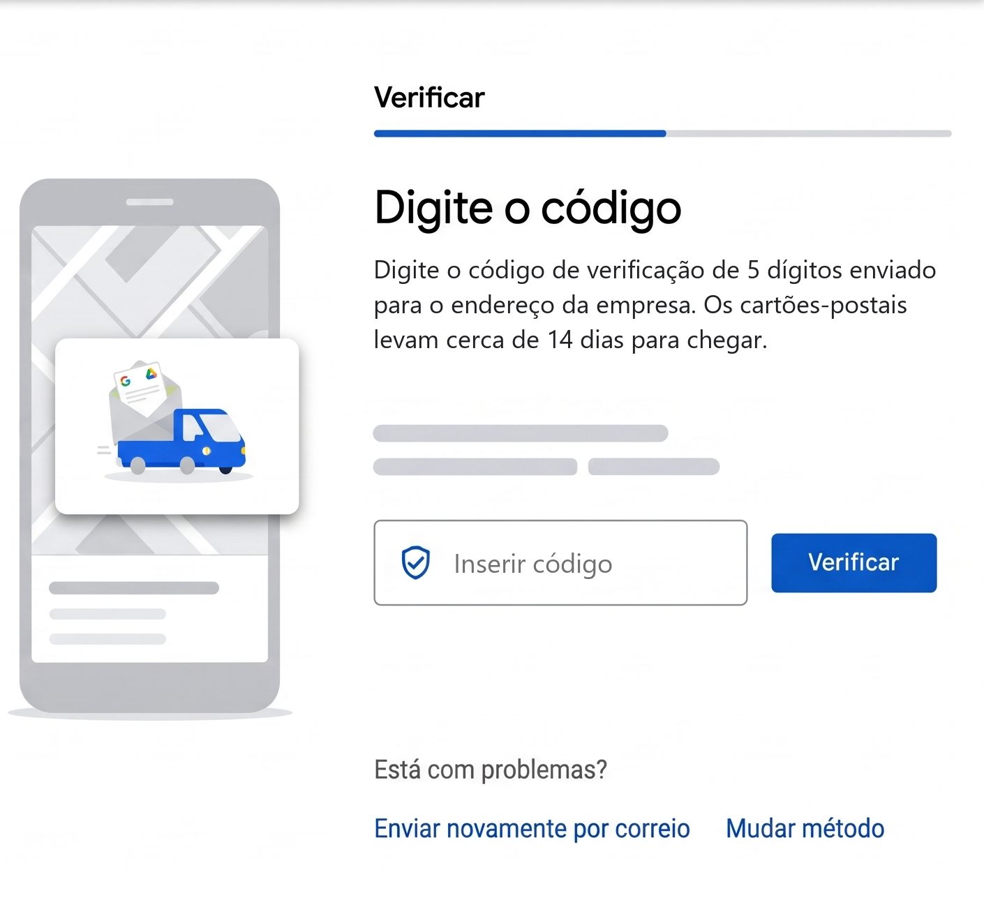 Ilustração da tela de digitar o código de verificação de 5 dígitos, com os links “Enviar novamente por correio” e “Mudar método”.