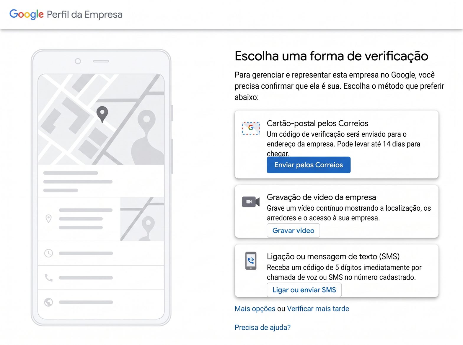 Ilustração da tela do Perfil da Empresa no Google para escolher a forma de verificação: cartão-postal pelos Correios, gravação de vídeo ou ligação e SMS.
